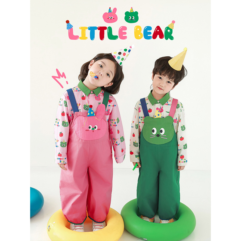 幼悠男童春季新款撞色翻领卡通满印衬衫2025新款宽松直筒背带裤潮