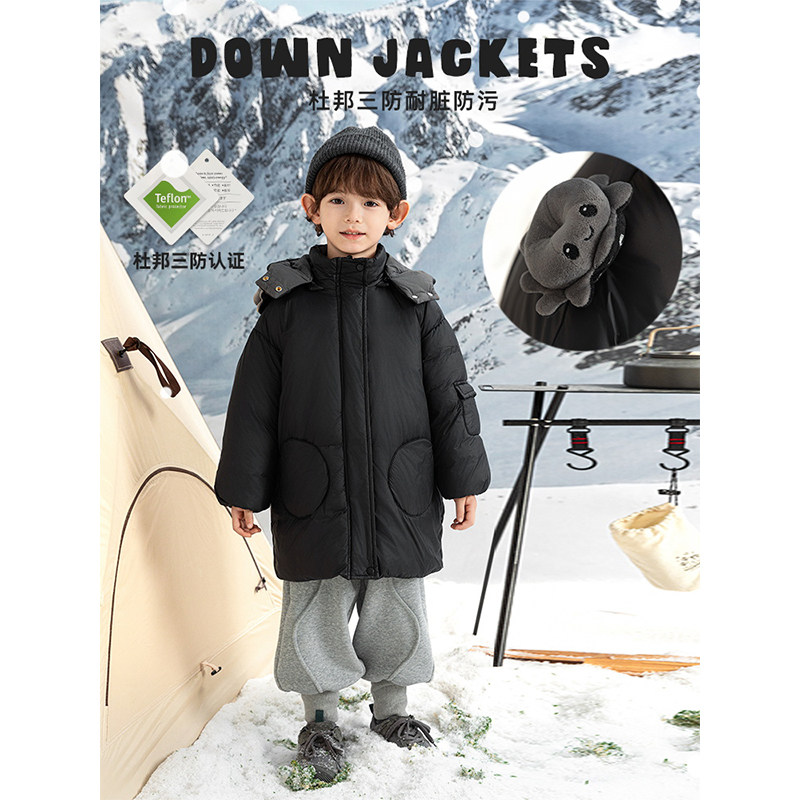 幼悠男童2025新款黑色中长款连帽棉服冬季杜邦三防加厚保暖外套潮