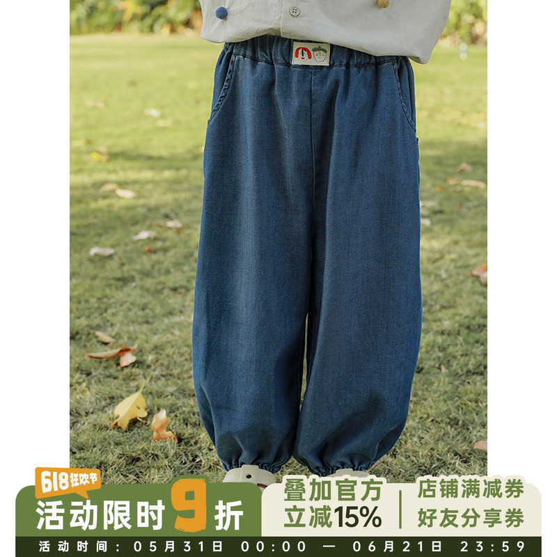 幼悠夏季男童牛仔裤砂洗裤子儿童腰饰烫画织带贴标柔软束脚长裤潮