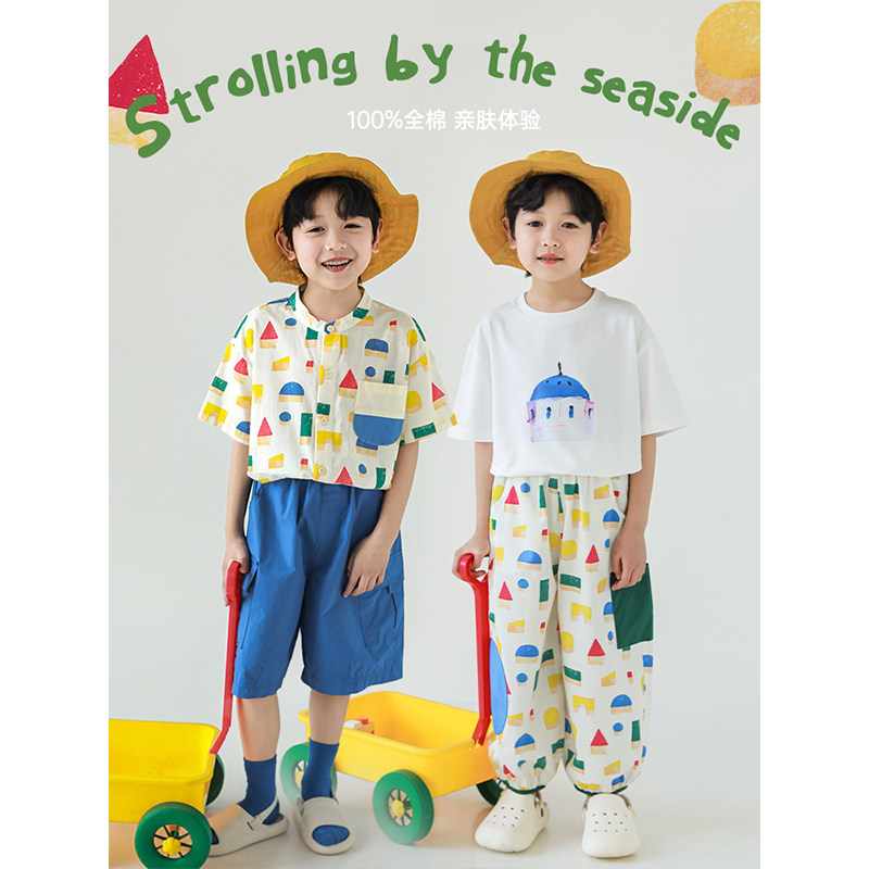 幼悠男童夏季新款简洁修身衬衫宽松九分灯笼长裤乐高积木系列套装图片