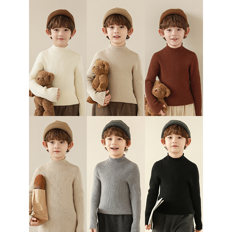 幼悠男童2025新款长袖半高领纯色毛衣冬季时尚轻盈保暖儿童针织衫