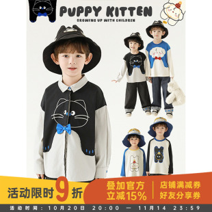 圆领卡通T恤简约翻领宽松休闲衬衫 幼悠 撞色长袖 新款 男童2025春季