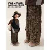 宽松纯棉儿童长裤 幼悠童装 2026春秋新款 裤 潮 男童复古豹纹阔腿工装