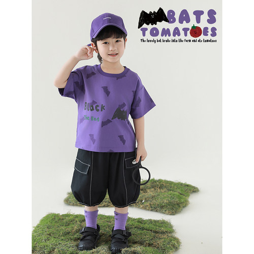 幼悠 男童2026夏季新款涂鸦水果短袖T恤宽松清凉五分裤儿童套装潮