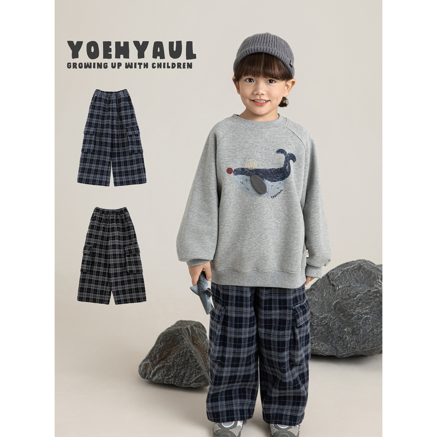 幼悠男童2025冬季新款复古格纹工装裤加绒保暖不易褪色儿童长裤潮