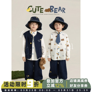 幼悠男童小黄鸭系列春季 多件套 简洁字母牛仔马甲撞色纽扣休闲衬衫