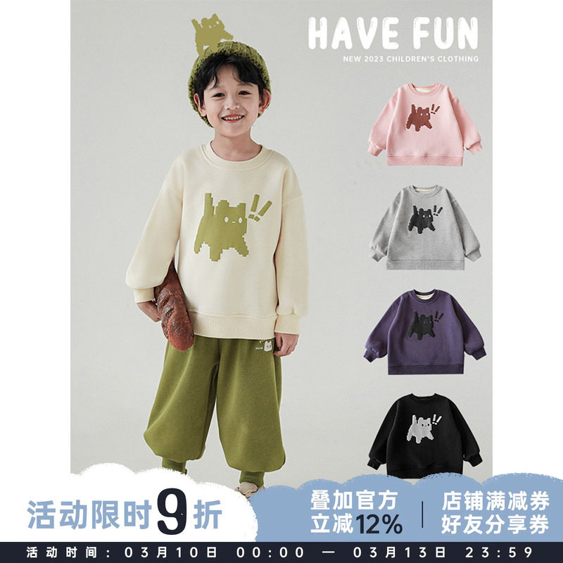 幼悠男童猫咪印花加绒加厚圆领卫衣儿童冬季新款休闲上衣防风冬装