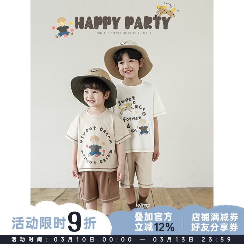 幼悠男童2025新款卡通字母印花短袖t恤夏季爆款宽松休闲工装短裤