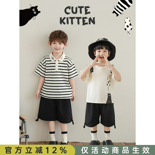 幼悠 男童套装2026夏季新款圆领百搭T恤宽松透气短裤黑白猫咪系列