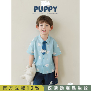 儿童潮酷童装 幼悠男童夏季 休闲宽松牛仔短裤 衬衫 新款 卡通纯棉短袖