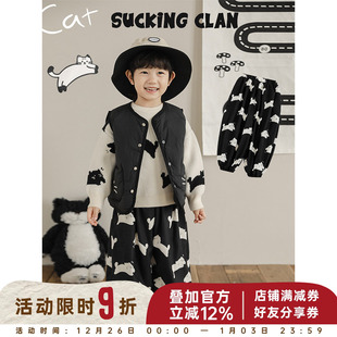 流行加绒加厚防风束脚裤 冬季 子潮 猫咪印花灯笼裤 幼悠男童2025新款
