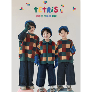 儿童针织衫 新款 幼悠男童魔方色块芝麻点提花休闲复古宽松毛衣冬季