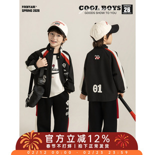 幼悠 男童酷飒街头风套装春季儿童机车服外套卡通T恤百搭九分裤子