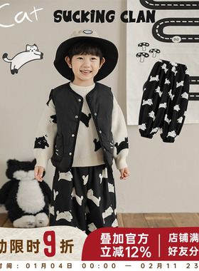 幼悠男童2025新款猫咪印花灯笼裤冬季流行加绒加厚防风束脚裤子潮