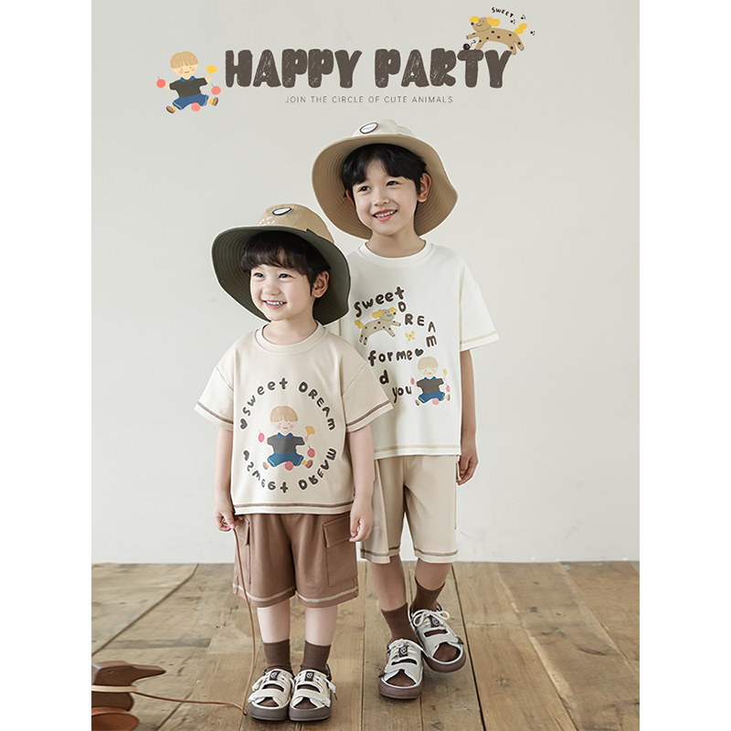 幼悠男童2025新款卡通字母印花短袖t恤夏季爆款宽松休闲工装短裤