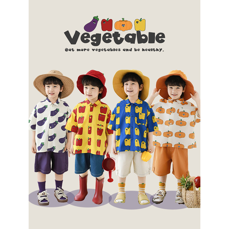 幼悠童装男童蔬果凉感短袖翻领衬衫轻薄透气儿童宽松休闲短裤套装