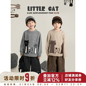幼悠男童萌猫乐园提花双股纱厚织毛衣冬季 防风保暖宽松落肩上衣潮
