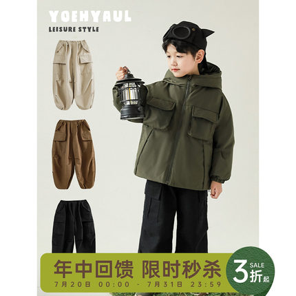 幼悠2024冬季新款男童翻盖口袋加绒束脚工装裤儿童休闲时尚裤子潮