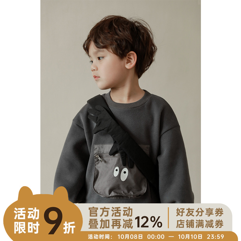 幼悠儿童加绒卫衣口袋洋气男童圆领套头衫冬款小男孩宝宝上衣保暖