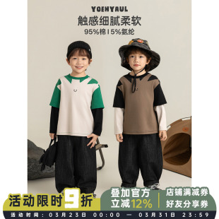 幼悠 童趣可爱卡通印花帅气休闲上衣潮 男童假两件撞色T恤2026春季