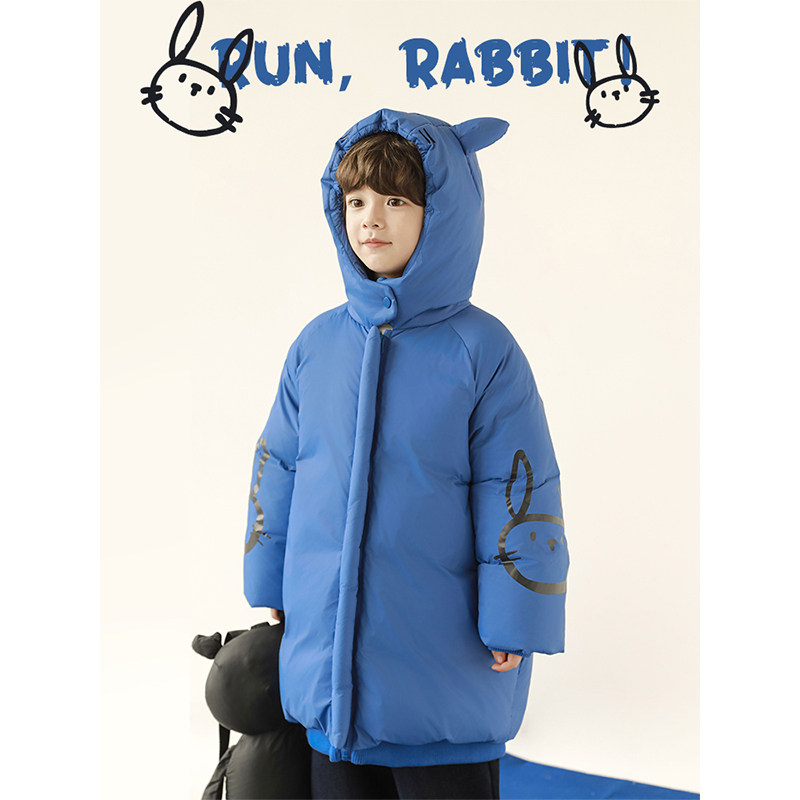 幼悠男童2025新款小兔印花连帽棉服冬季时尚中长款防风保暖外套潮