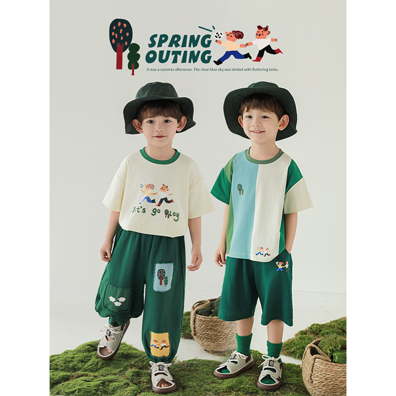 幼悠男童2025新款短袖t宽松休闲短裤防蚊裤绿野郊游热夏系列套装