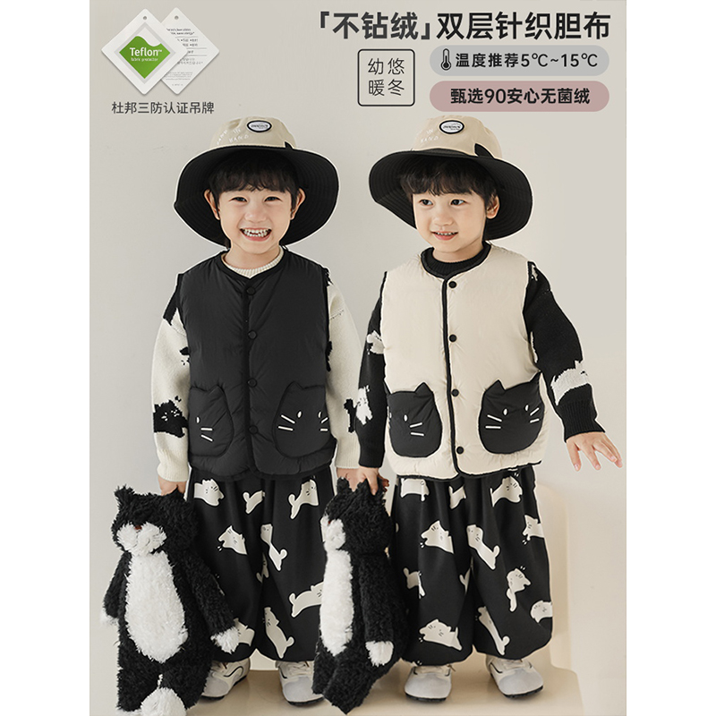 幼悠男童2025新款猫咪无袖羽绒马甲冬季时尚杜邦三防亲肤保暖背心
