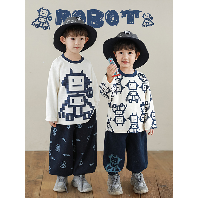 幼悠 男童秋季新款长袖圆领机器人t恤2025新款潮牌童装洋气炸街潮