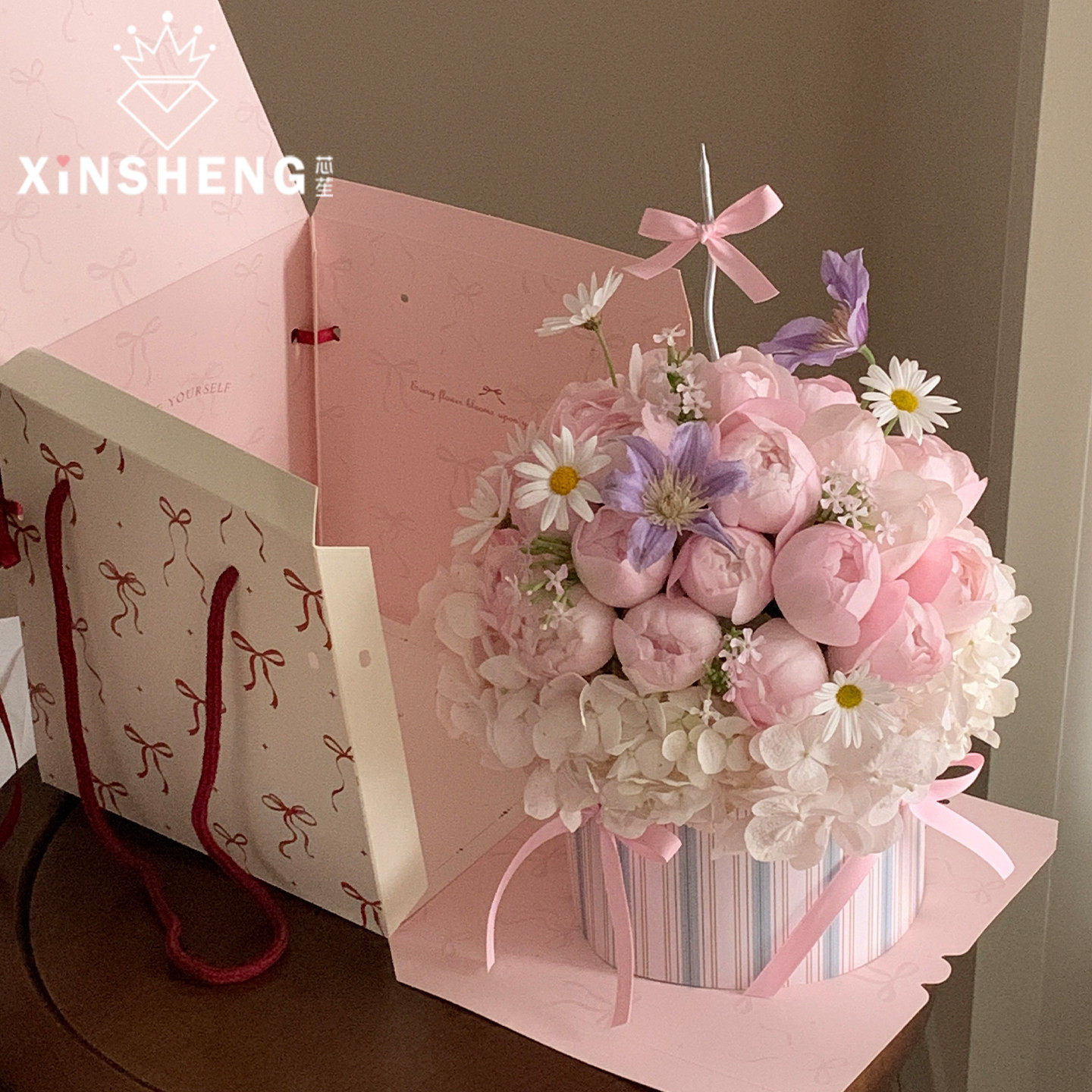 芯苼 原创新品轻法式·条纹桶 清新甜美鲜花束花艺插花桶花店资材