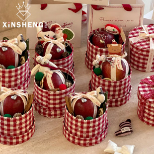 红白格纹平安果包装 复古蝴蝶结·苹果盒 芯苼 礼盒 圣诞节新品
