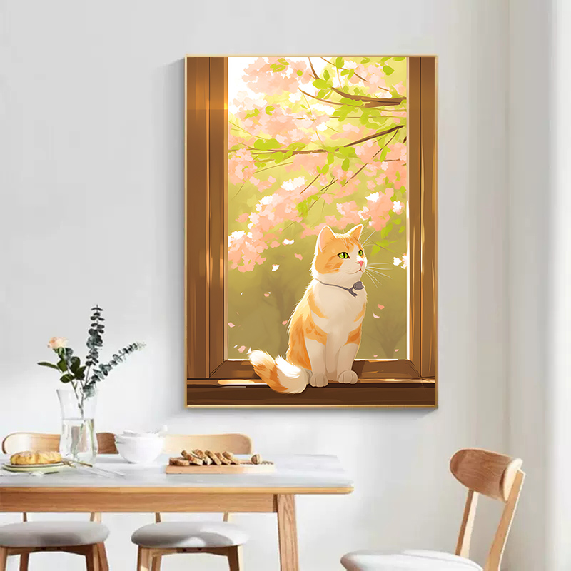 北欧治愈系窗台猫咪壁画客厅沙发背景墙装饰画餐厅卡通动物挂画图片