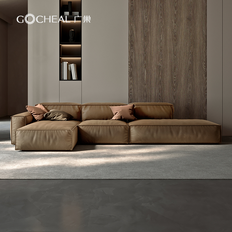 广巢意式极简头层牛皮转角贵妃