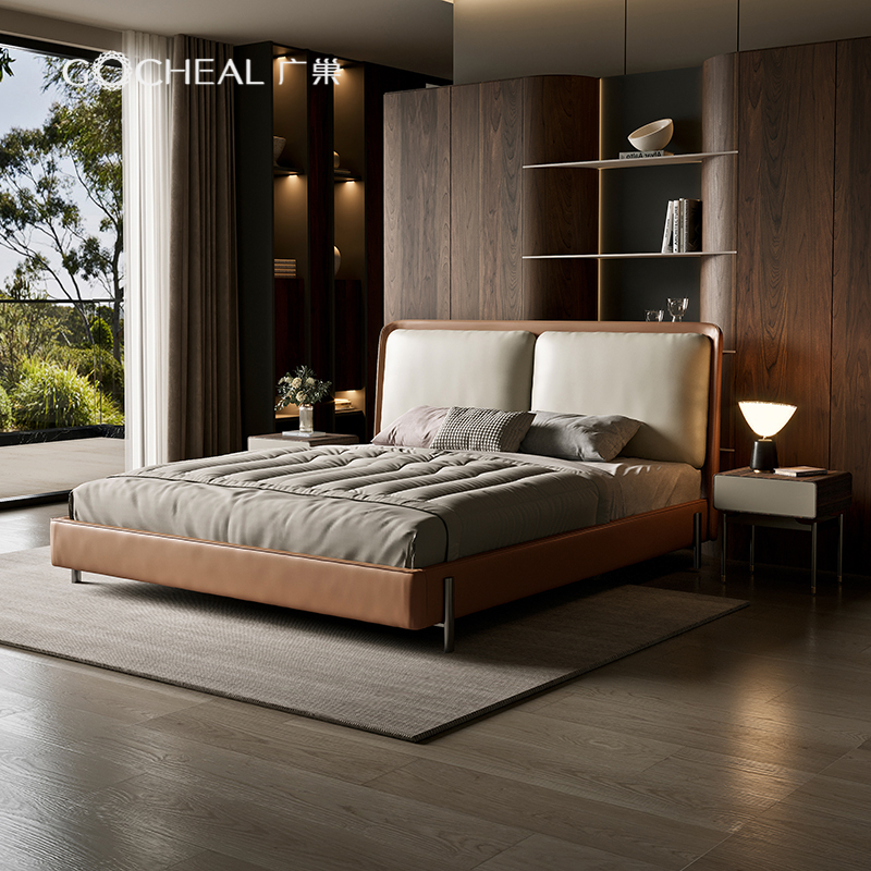 广巢意式极简软靠包拼色真皮床