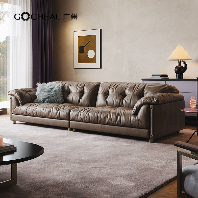 广巢蒙布朗沙发真皮意式极简中古复古客厅组合苯胺皮直排三人位a