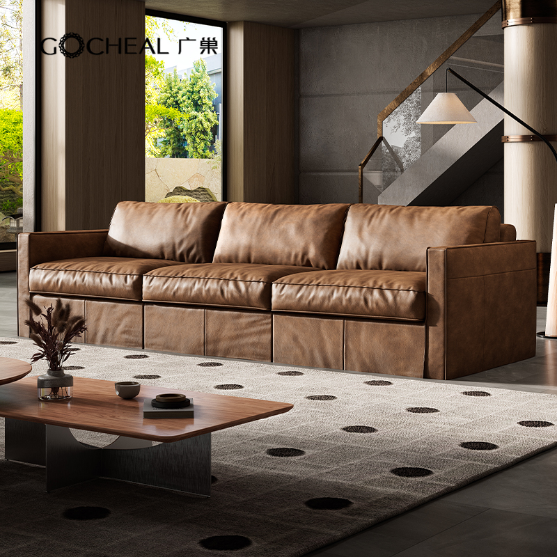 广巢意式复古全苯胺皮真皮沙发
