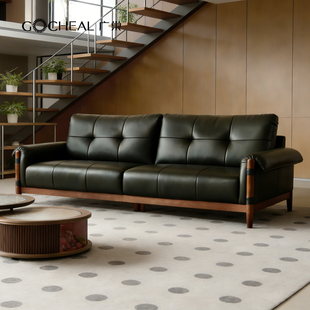 广巢歌德沙发意式客厅实木头层牛皮真皮中古复古三人黑色小户型A