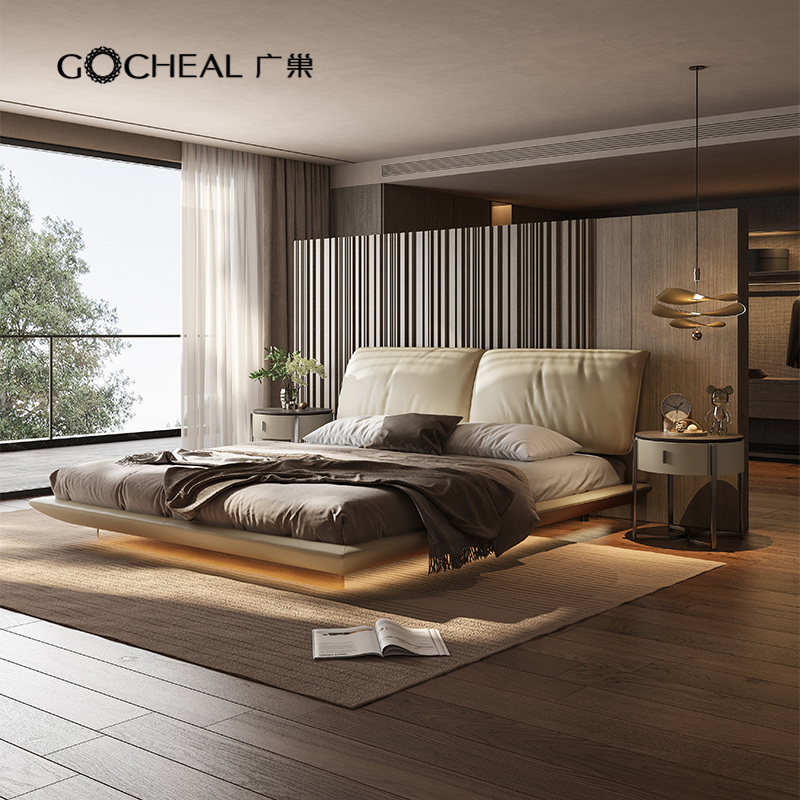 广巢真皮实木意式极简带灯悬浮床