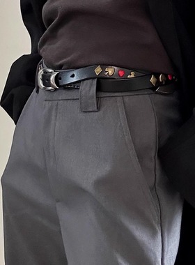 正确版our百搭可调节做旧扑克金属牛皮皮带复古朋克柳钉中性腰带