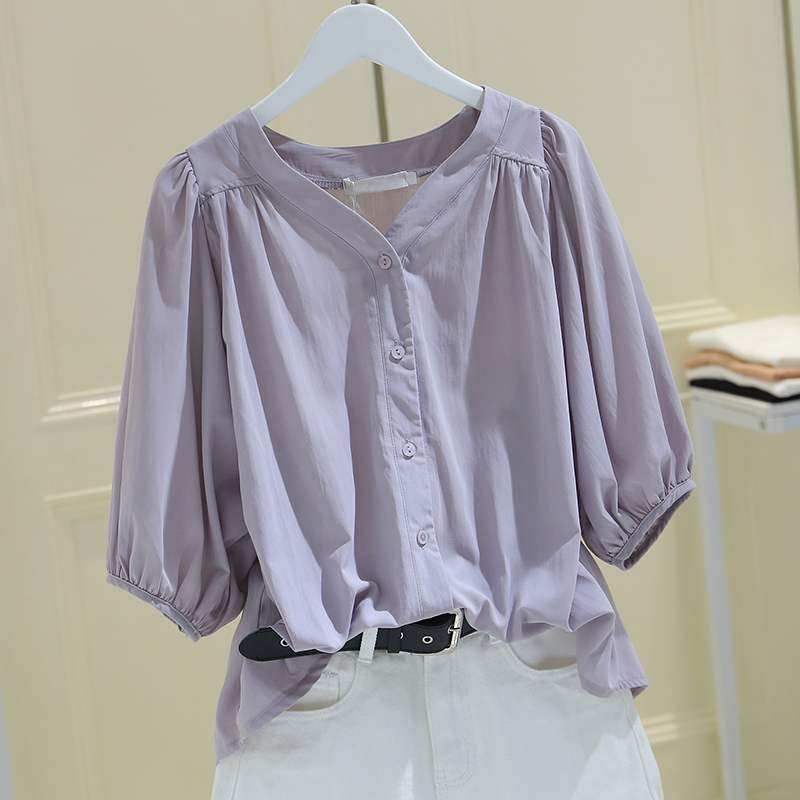韩国v领雪纺衬衫女中袖2022夏季新款薄款设计感韩版宽松半袖上衣