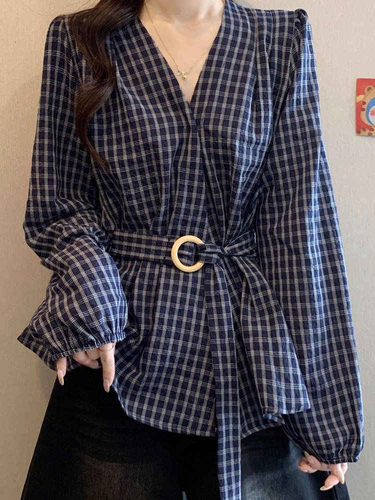 韩国深蓝色格子长袖衬衫女2025新款大码胖mm高级收腰绑带遮肚上衣