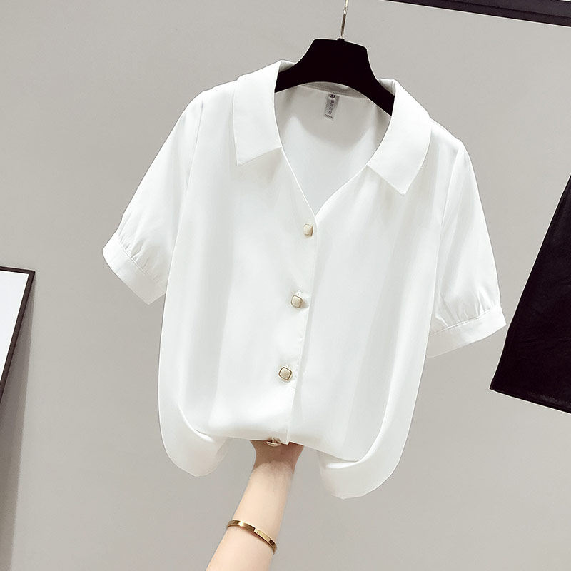 韩国短袖雪纺白衬衫女士2022夏季新款薄款衬衣上衣t恤职业正装v领