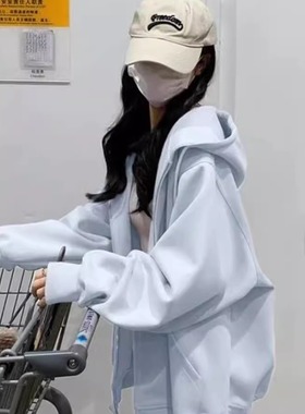 韩国新款纯棉奶蓝色卫衣开衫薄宽松外套慵懒风厚春秋连帽衫秋冬潮