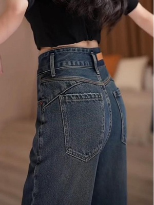 韩版覆古宽松阔腿牛仔裤女2025春秋新款显瘦直筒冬季加绒拖地裤子