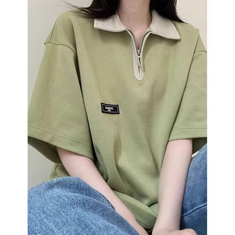 韩国翻领polo衫夏季纯棉短袖t恤女小众设计感正肩宽松大码上衣服