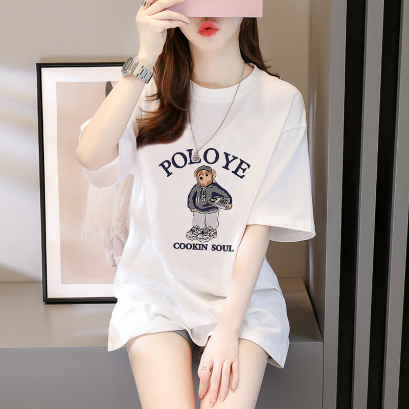 韩国纯棉中长款短袖T恤女装2022年夏新款设计感薄款大码宽松上衣