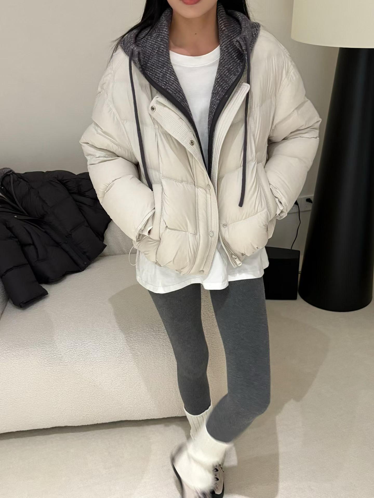 欧洲站针织拼接大翻领假两件设计感小个子羽绒服女2026冬季新款