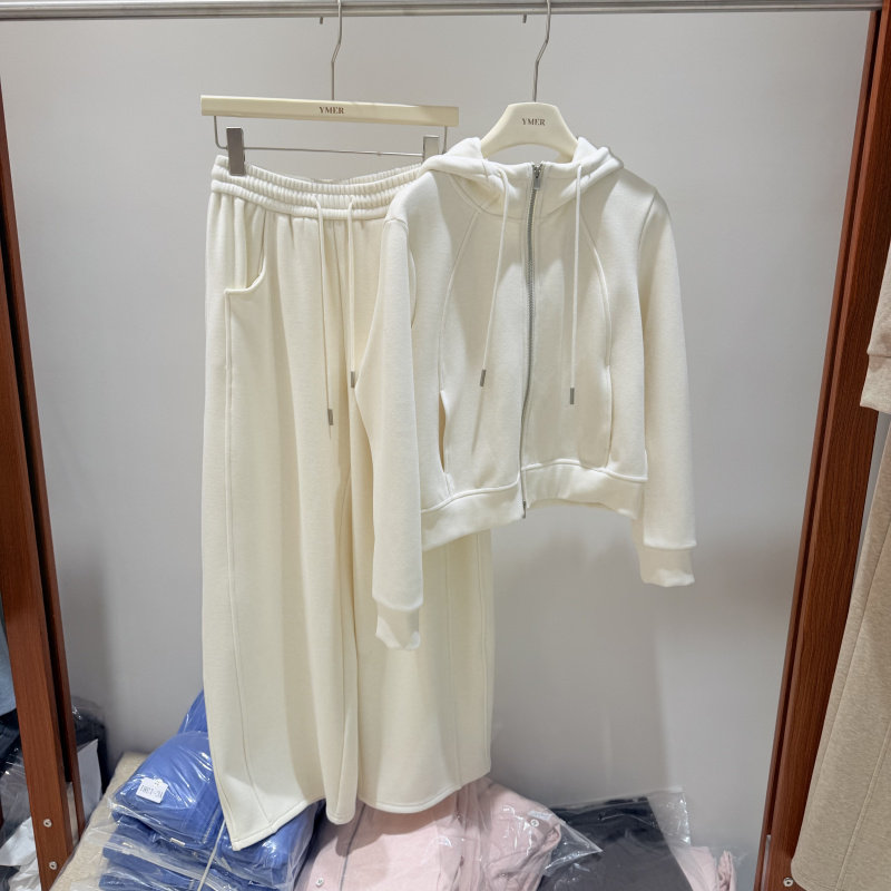 YMER1386加绒加厚休闲两件套装冬季连帽拉链卫衣+松紧高腰长裤
