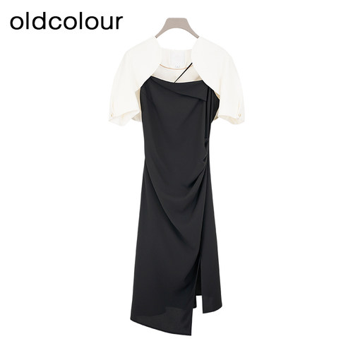 oldcolour夏新款时尚气质设计感披肩短袖连衣裙套装女BR291003A1