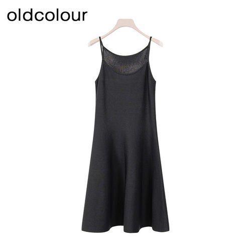 oldcolour春秋款黑色优雅气质A字感吊带连衣裙女BQ381021A1-599