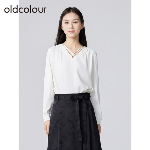 oldcolour欧珂春秋季轻职风时尚通勤休闲气质V领纯色长袖套头衫